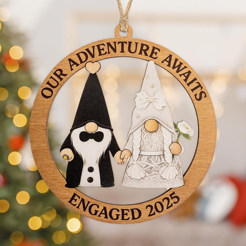 NELXI Engagement Ornament, Gnome Ornaments, Gnome Gifts for Women, Wedding Ornaments, Our Adventure Awaits Engaged 2025 Wooden Keepsake, Handmade Couple Christmas Decoration, Engagement Gifts Ready to Gift - Image 4